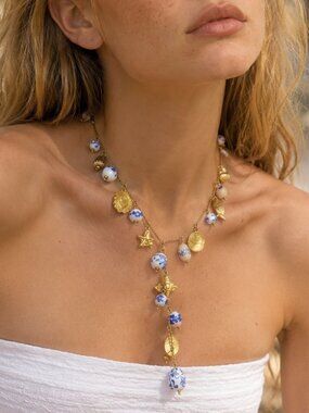 ✨ PVD Gold Plated Amalfi Blue Ceramic Charm Y-Necklace - Stainless Steel